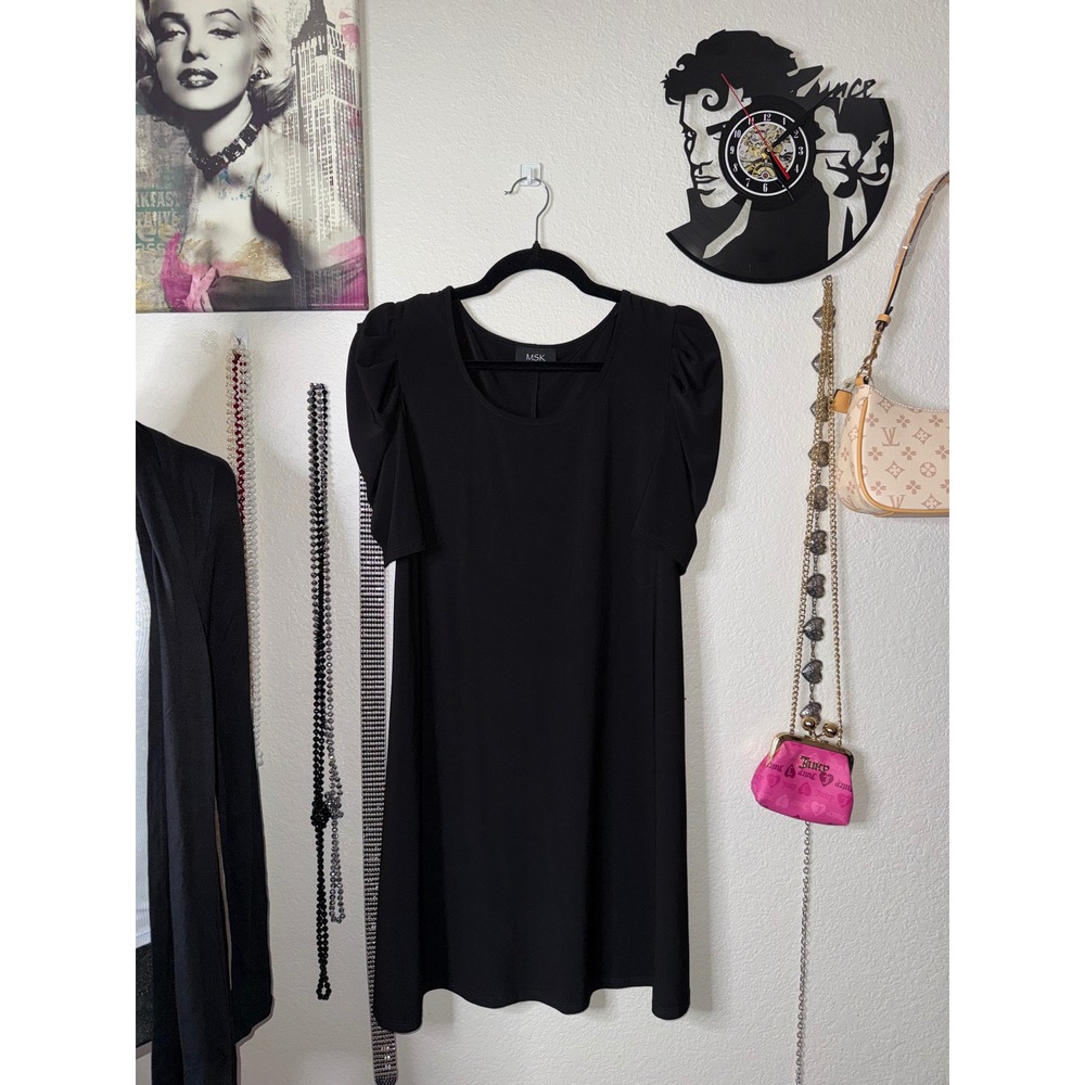MSK Black Puff Short Sleeve Scoop Neck Shift Mini Dress Womens